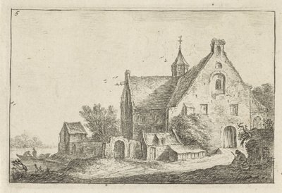 Igreja da vila na água Paisagens com edifícios (título da série) de Anthonie Waterloo