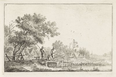 Três pescadores numa ponte
Paisagens com edifícios (título da série) de Anthonie Waterloo