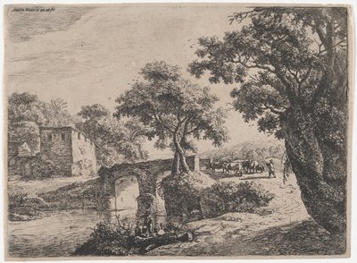 Rebanho perto de uma ponte de pedra, século XVII. de Anthonie Waterloo