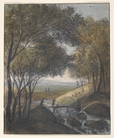 Paisagem com um viajante a atravessar uma ponte (anverso); Esboços de um portão, uma ponte e uma Câmara Municipal (verso) de Anthonie Waterloo