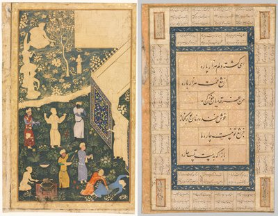Lado esquerdo de um fólio de álbum de página dupla: Outside a Royal Encampment (reto) e Calligraphy, Persian Verses (verso) de Anthonie Waterloo