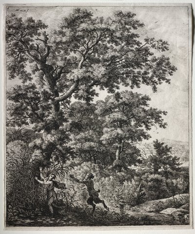 Seis grandes paisagens verticais com cenas das Metamorfoses de Ovídio: Pan e Syrinx de Anthonie Waterloo