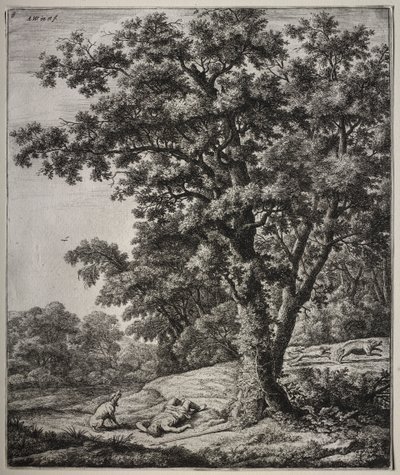 Seis grandes paisagens verticais com cenas de Metamorfoses de Ovídio: A Morte de Adonis de Anthonie Waterloo