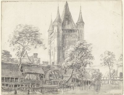 Portão da cidade Altenbrücker Tor e moinho de água em Lüneburg, perto de Hamburgo de Anthonie Waterloo