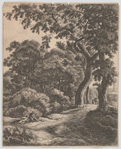 Dois viajantes descansando na floresta, século XVII. de Anthonie Waterloo