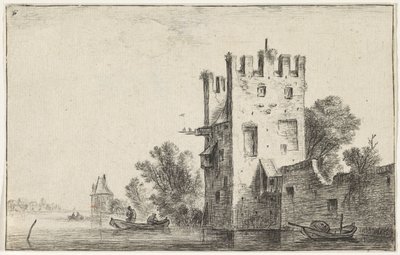 Torre quadrada na água Paisagens com edifícios (título da série) de Anthonie Waterloo