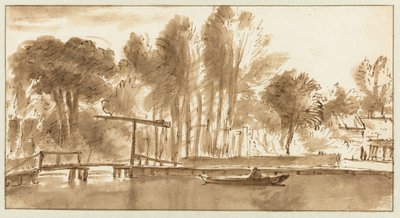 Paisagem fluvial arborizada com ponte levadiça de Anthonie van Borssom (attributed to)