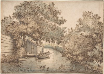 Canal com um barco e patos de Anthonie van Borssom