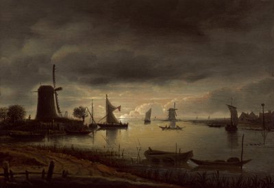 Cena de um rio com moinho de vento e barcos, ao anoitecer, c.1645 (óleo sobre painel) de Anthonie van Borssom