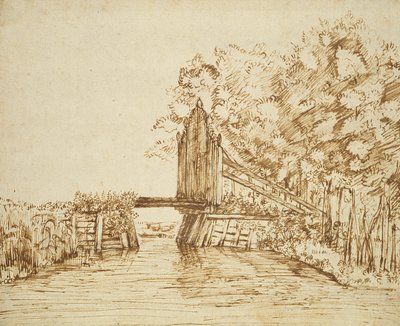 Pequena ponte sobre a água e o portão para a propriedade (caneta e tinta no papel) de Anthonie van Borssom