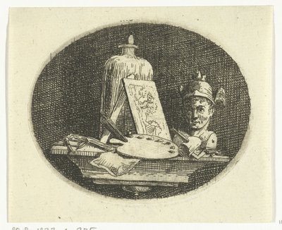 Natureza morta com paleta, pintura e busto de Mercúrio de Anthonie van den Bos