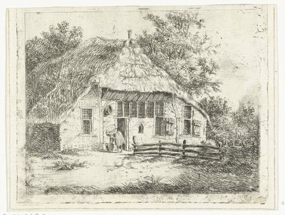Mulher dobrada por um cesto em frente de uma casa em Staphorst de Anthonie van den Bos