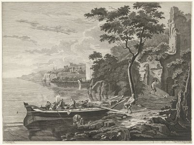 Números perto de uma barcaça numa paisagem de montanha de Anthonij van der Haer