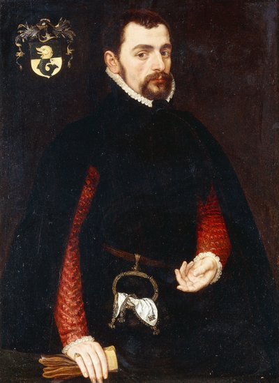 Retrato de um cavalheiro de 28 anos, três quartos, em um gibão preto com mangas vermelhas e uma capa preta, com uma bolsa e um lenço bordado com as iniciais "K, 1563 de Anthonis van Dashorst Mor