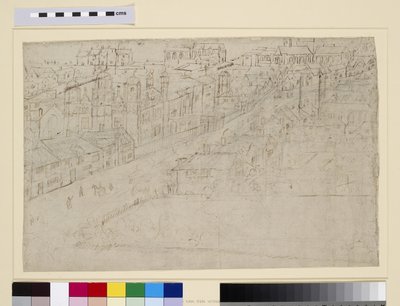Borough High Street, com St. Mary Overy, do "Panorama de Londres", c.1544 (caneta e tinta e lápis sobre papel) de Anthonis van den Wyngaerde