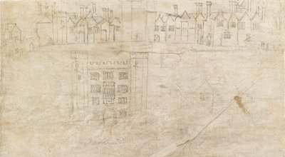 Edifícios ao longo da frente sul do Palácio de Oatlands, década de 1550 de Anthonis van den Wyngaerde