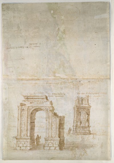 Frente: Vista panorâmica de Tarragona a partir do Sul (em direção ao mar)Verso: Esboços das ruínas romanas de Tarragona e de uma fortaleza de Anthonis van den Wyngaerde