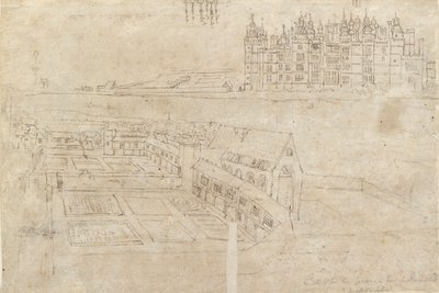 A frente do rio do Palácio de Richmond e Jardins Privados, década de 1550 de Anthonis van den Wyngaerde