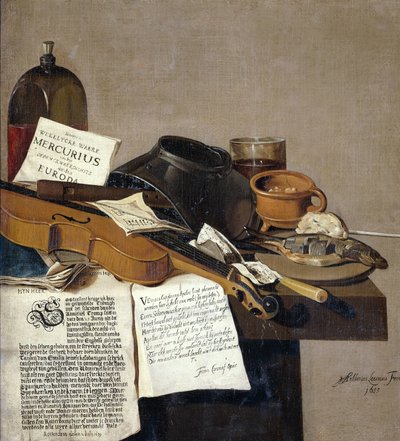Natureza Morta com uma Cópia de De Waere Mercurius, uma Folha de Brochura com a notícia da vitória da Tromp sobre três navios ingleses em 28 de Junho de 1639, e um Poema que conta a história de Apelles e do Cobbler de Anthonius Leemans