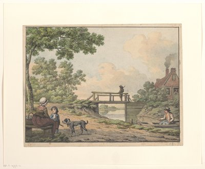 Paisagem com figuras e uma ponte em uma fazenda de Anthony Andriessen