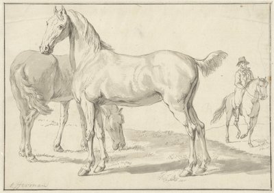 Dois cavalos num prado, um cavaleiro à direita de Anthony Jacobus Offermans