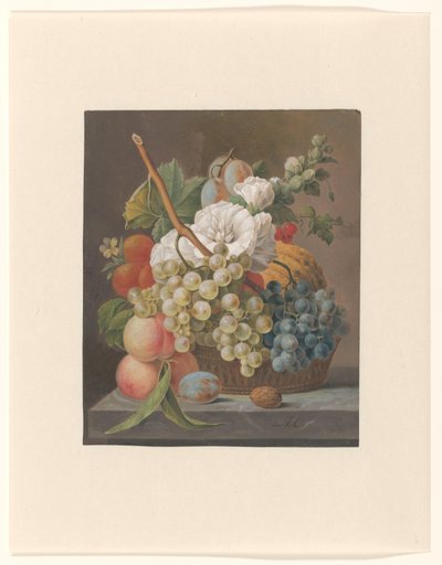 Natureza morta com flores e frutas em uma cesta de Anthony Oberman