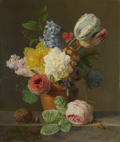 Natureza morta com flores e nozes. Por volta de 1830 de Anthony Oberman