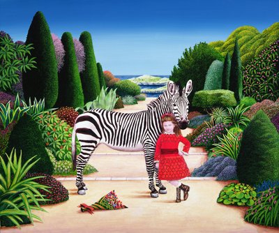 Menina com Zebra, 1984 (acrílico a bordo) de Anthony Southcombe