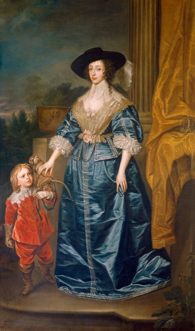 A Rainha Henrietta Maria e o Anão Sir Jeffrey Hudson (óleo sobre tela) de Anthony van (after) Dyck