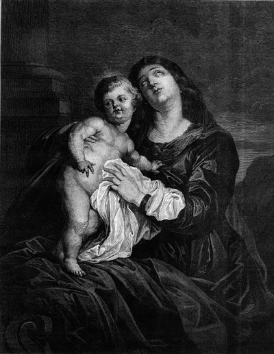A Virgem e o Menino Jesus. Gravura depois de um quadro de Anton (Antoon ou Anthony) van Dyck (1599-1641). Gravura em "Le Monde Illustré" n°1239 de 25 de dezembro de 1880. de Anthony van (after) Dyck
