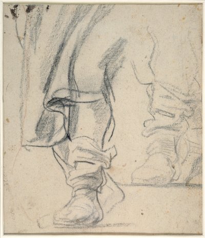 Pernas de um homem com botas, e capa descendente (giz preto e vermelho sobre papel) de Anthony van Dyck