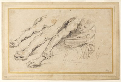 Figura de um homem curvado para a frente com o braço direito estendido; três estudos do braço direito e um da mão esquerda para a mesma figura (giz sobre papel) de Anthony van Dyck