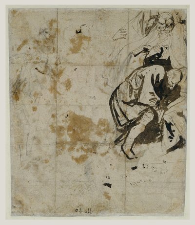 Estudo parcial do Entombment (verso) (1617-18) (Giz preto, caneta e tinta marrom, lavagem marrom e avermelhada, giz vermelho e azul e guache branco aumentando) de Anthony van Dyck