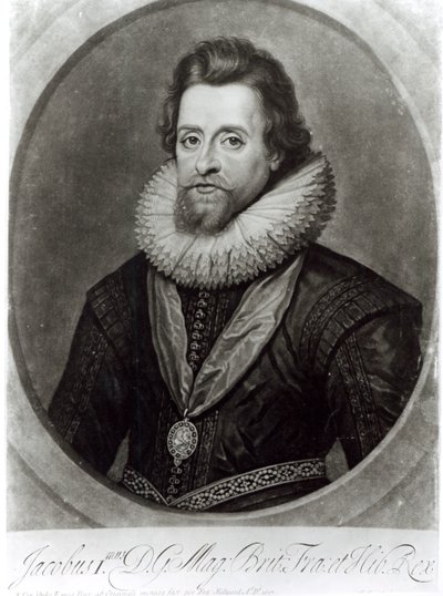 Retrato de Jaime I (1566-1625) depois de uma miniatura de Nicholas Hilliard (1547-1619) de 1617, gravada por George Vertue (1684-1756) de Anthony van Dyck