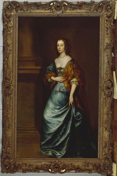 Retrato de Mary Villiers, Duquesa de Lennox e Richmond, em um vestido azul e envoltório marrom por uma coluna de Anthony van Dyck