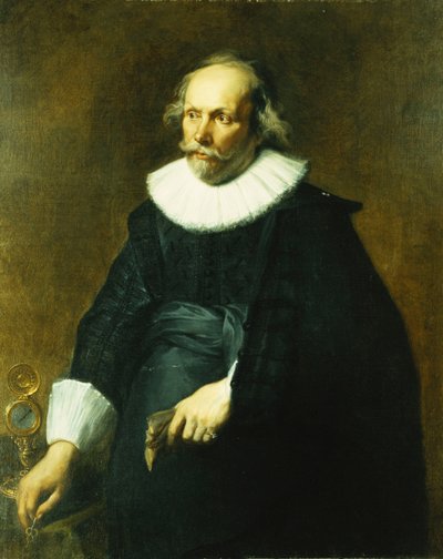 Retrato de um cavalheiro, de comprimento de três quartos, vestindo um traje preto com gola branca e algemas, por uma mesa com um relógio, de Anthony van Dyck