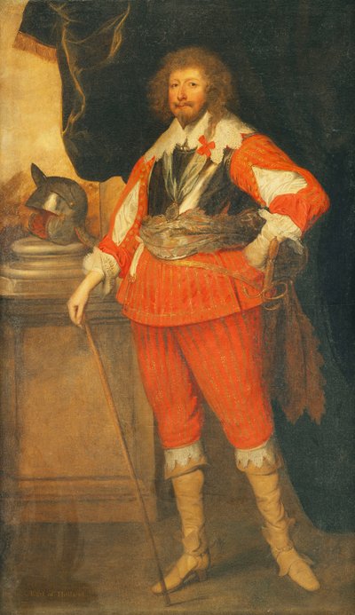 Retrato de um nobre, dito Henry Henry, 1º conde da Holanda, de corpo inteiro, vestindo um peitoral, faixa e espada, a mão apoiada em uma bengala, um capacete no rodapé, diante de uma colunata drapeada, de Anthony van Dyck