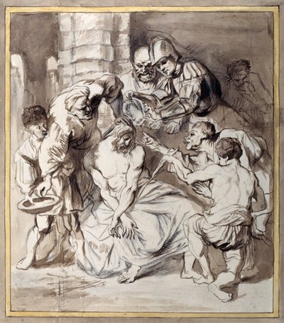 A troça de Cristo (caneta e tinta com lavagem sobre giz sobre papel) de Anthony van Dyck