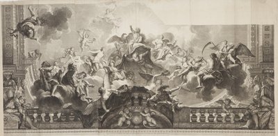 Design do Painel do Centro de Tecto da Grande Galeria do Palácio Real, gravado por Nicolas Henri Tardieu (1674-1749) de Antoine (after) Coypel