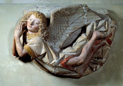Alívio de Anjo Voador em calcário policromado atribui a Antoine o Moiturier (1425-1495) e destinado a "A Mise au tombeau oferecida por Jaquotin Ogier e sua esposa Pernette". das Chapelles des Carmes em Semur em Auxois. 1490 aproximadamente. Sol. 0,57x0,4 de Antoine (attr. to) Le Moiturier