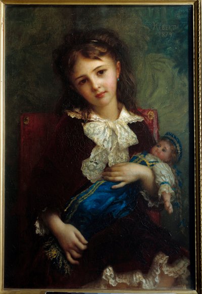 Retrato de Catherine de Bouchage enfant segurando uma boneca em armas de Ernest Hebert (1817-1908) de Antoine Auguste Ernest Herbert or Hebert
