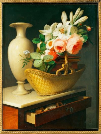Bouquet de lírios e rosas num cesto num Chiffonniere de Antoine Berjon