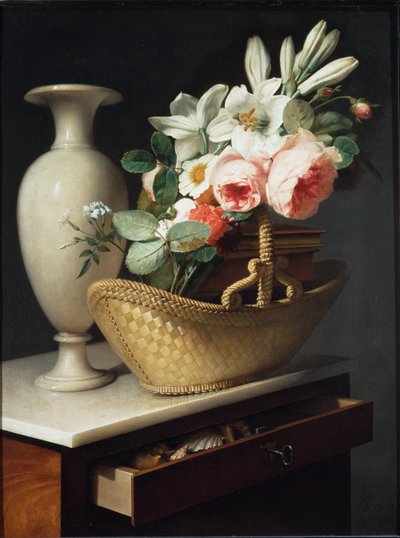 Bouquet de lírios e rosas num cesto colocado sobre um trapo - óleo sobre tela de Antoine Berjon