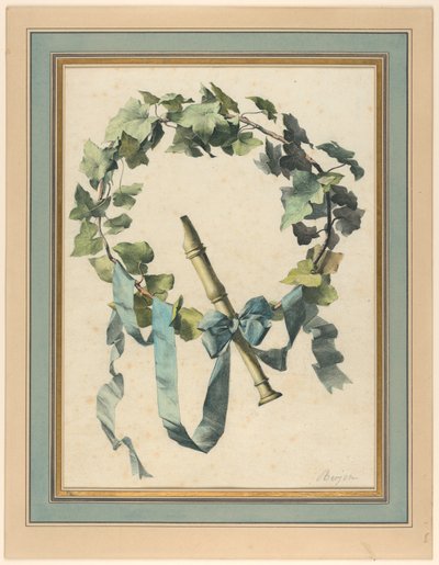 Desenho, Troféu com flauta, hera e fita azul, 1780-90 de Antoine Berjon