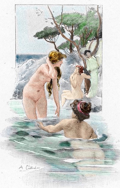 Odisseu de Homere: "Nausicaa, filha do rei Alcinous, e suas servas lavando as suas roupas no rio" Ilustração de Antoine Calbet (1860-1944) para "The odyssee" do poeta grego Homere (Odisseia de Homero) 1897 Colecção privada de Antoine Calbet