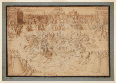 Um jogo equestre com cavaleiros competindo entre fogos de artifício, 1575-c.1580 de Antoine Caron