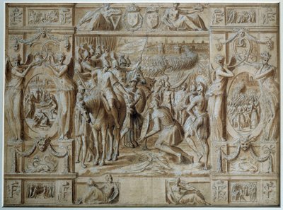 A Submissão de Milão As tropas de François I tomaram a cidade de Milão após a vitória na Batalha de Marignan em 1515. Desenho em caneta e lavagem por Antoine Caron (1521-1599) Paris do século XVI, Museu do Louvre de Antoine Caron