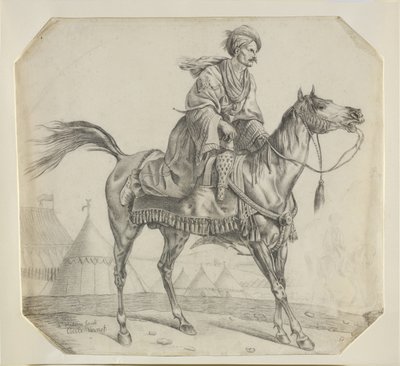 Um mameluco montando seu cavalo (giz preto no papel) de Antoine Charles Horace Vernet