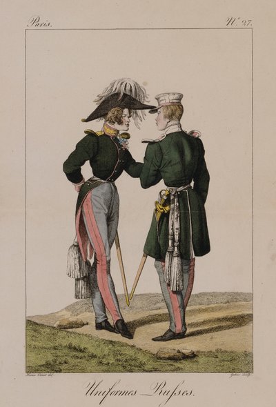Uniformes russos (gravura colorida à mão) de Antoine Charles Horace Vernet