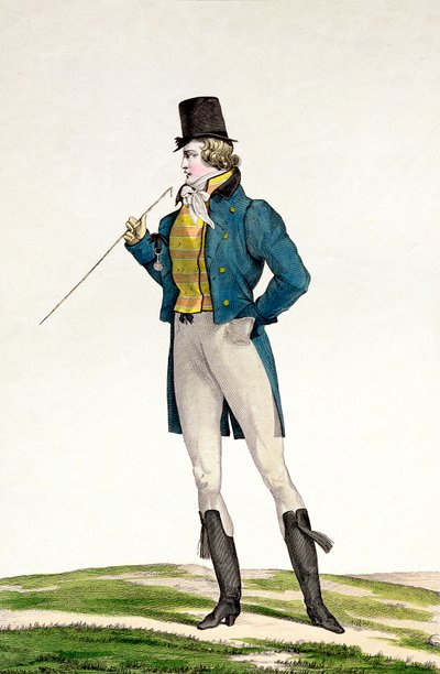 Um Dandy em um chapéu de Robinson, com cachos infantis, calças de malha e botas de montaria, placa 5 na série Incroyable et merveilleuse de placas de moda, gravada por Georges Jacques Gatine (1773-1831) de Antoine Charles Horace Vernet